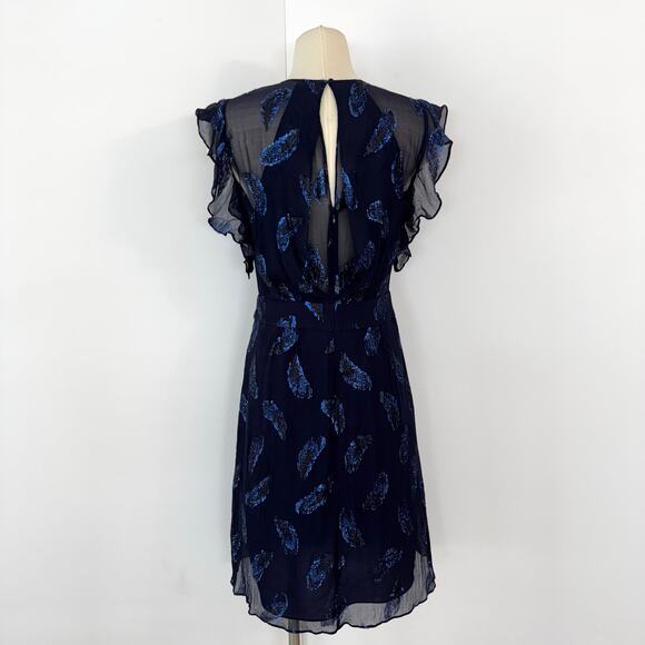 BCBGMaxazria Silk Sheila Flutter Sleeve Dress Metallic Feather Print Navy Blue 6 - Picture 7 of 12